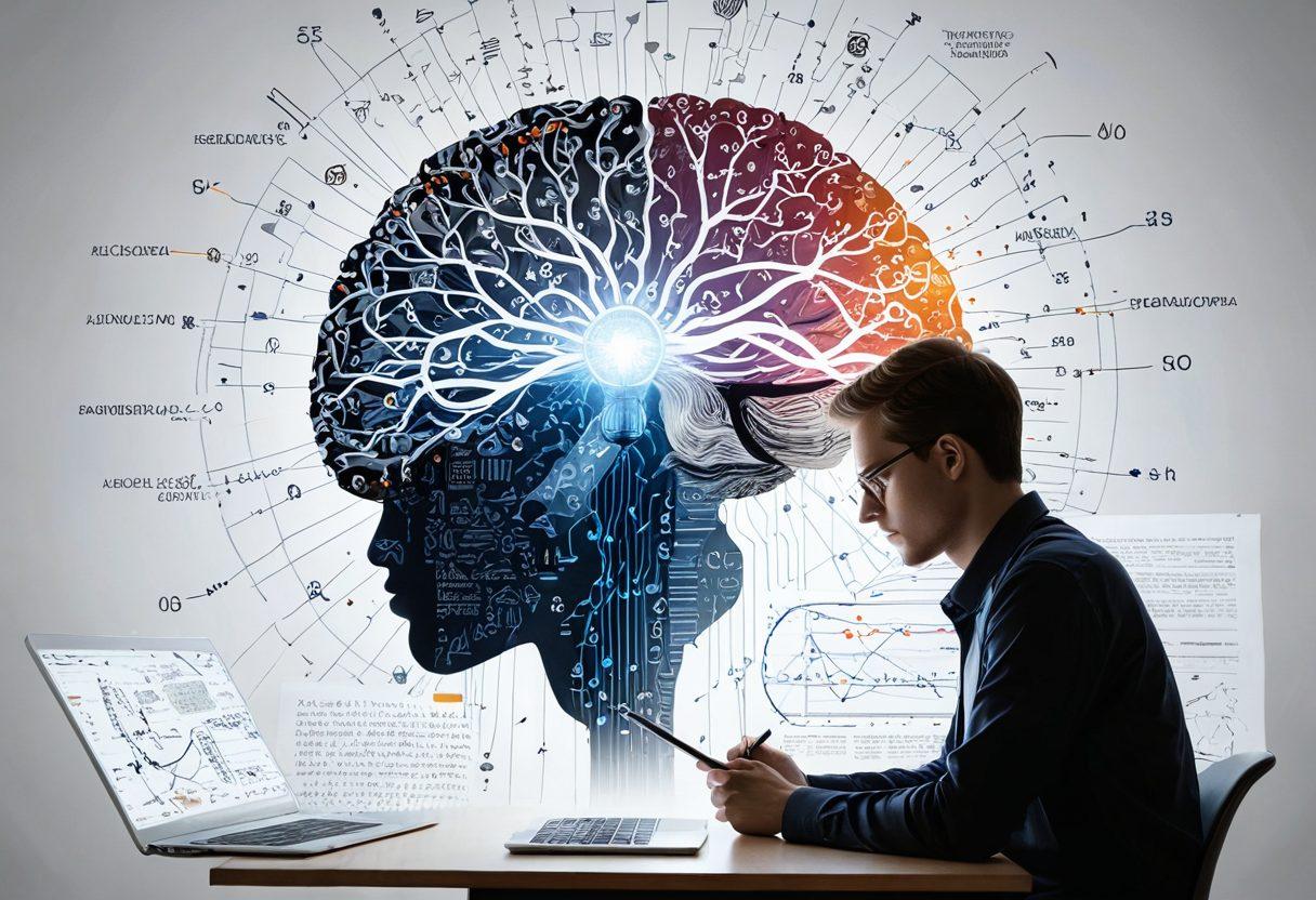 A scholar surrounded by floating, illuminated data symbols and analytical graphs, engaged in deep thought over a scholarly article, a brain-shaped lightbulb glowing above, with elements of digital codes swirling around to symbolize data-driven insights, warm academic tones. super-realistic. vibrant colors. white background.