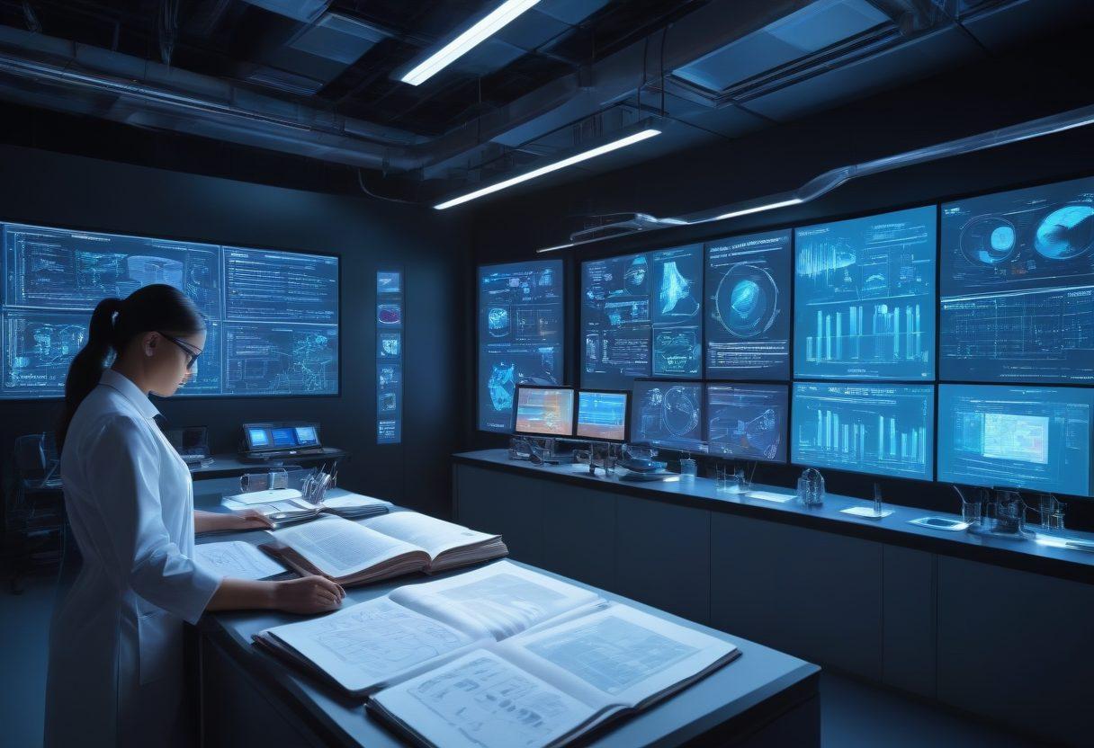 A futuristic research lab bustling with diverse scientists engaged in innovative experiments, showcasing advanced technology like holographic displays and robotic assistants. A large digital screen in the background illustrates trend graphs and academic insights. Brightly lit environment with materials like books and journals scattered around, symbolizing knowledge. The overall atmosphere should convey exploration and discovery in academic research. super-realistic. vibrant colors. 3D.